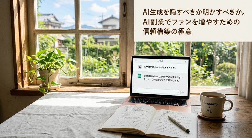明るい窓辺のデスクに置かれたノートパソコン。画面にはAIのチャット画面が開かれており、その横には手書きの温かみのあるノートとマグカップが置かれている。最新のテクノロジーと人間らしさの融合、そして隠し事のないクリーンな発信スタイルを表現した実写風画像。