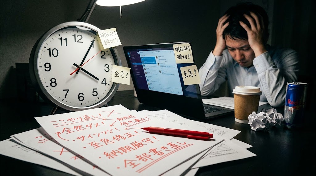 真っ赤なペンで大量の修正指示が書き込まれた書類と、その横に置かれた大きな時計。納期と終わらない修正のプレッシャーに押しつぶされそうになる、クライアントワークの過酷な現実を表現した実写風画像。