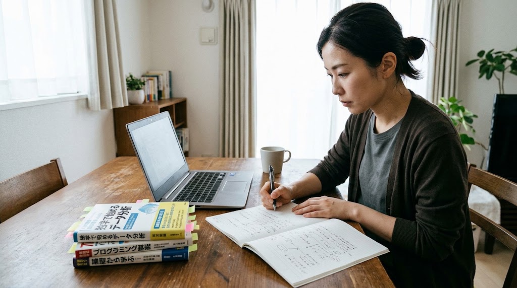 明るい部屋で、手元にある数冊の専門書とノートパソコンだけを使って真剣に学んでいる様子。高額な設備や他人のサポートに依存せず、まずは最小限の投資で自分の適性を静かに見極める賢明な姿勢を表現した実写風画像。