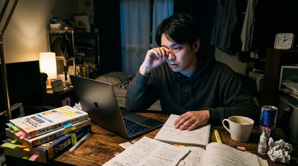 時計の針が深夜2時を指している中、重い瞼をこすりながらパソコンの青い光に向かっている様子。時間と体力の限界を超えて学習しなければならない過酷さを表現した実写風画像。